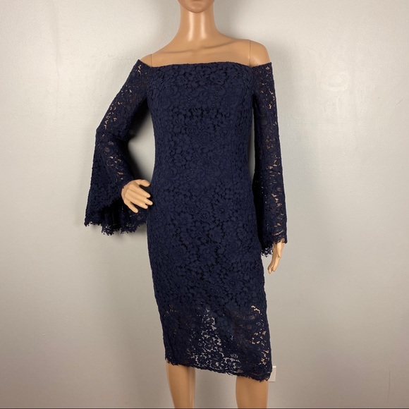 NEW BARDOT REVOLVE NAVY OFF-THE-SHOULDER LACE DRESS - Picture 2 of 8